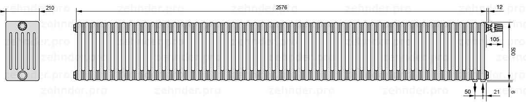 Схема (чертеж) Радиатор Zehnder Charleston 6050/56 №V002 Белый глянцевый RAL 9016